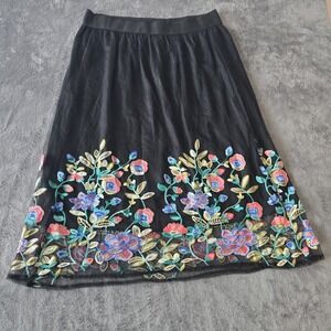 Boho Floral Skirt 2X Black Embroidered Hippie Whimsy Feminine Tulle
